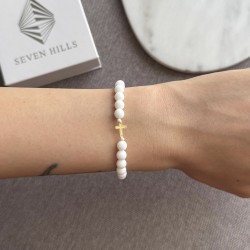 Гривна Shamballa Cross White с 14k златен кръст